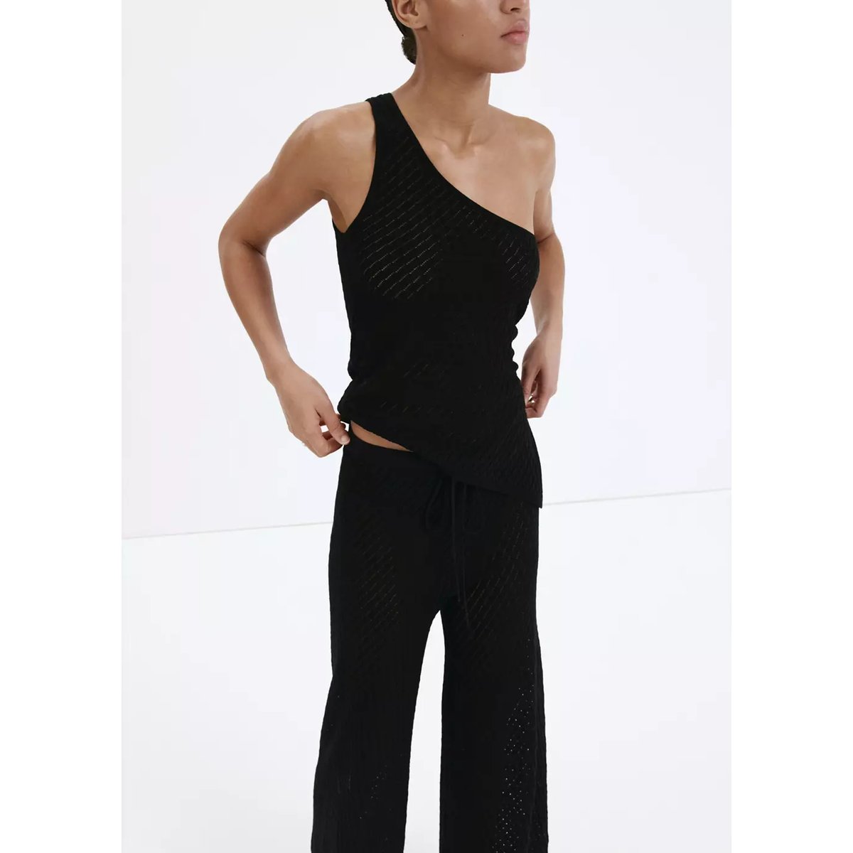 Pantalon droit maille côtelée noir, MANGO