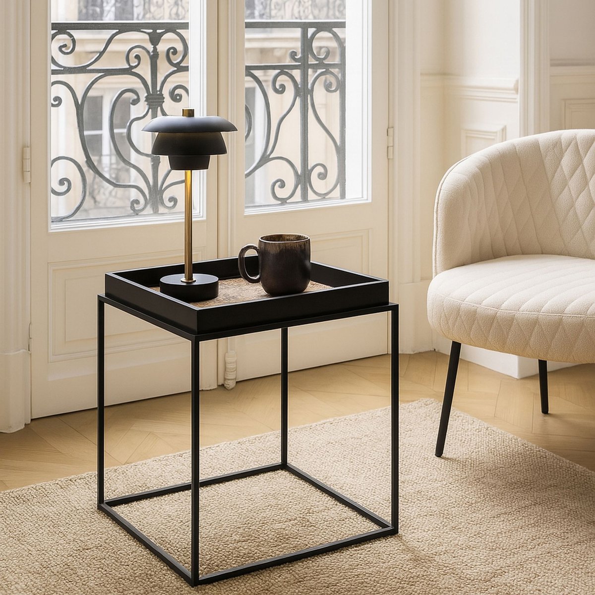 Meuble d'appoint en noix de coco et pieds en métal, LAMAI naturel-noir, NOW'S HOME