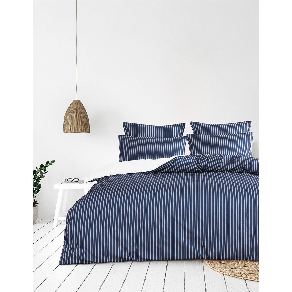 Parure housse de couette percale de coton avec 2 taies 50x70 cm LINQUIST indigo, SENSEI MAISON