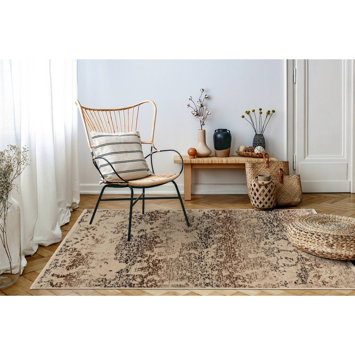 Tapis rectangulaire, Charin beige sable effet patiné vintage, ARTE ESPINA
