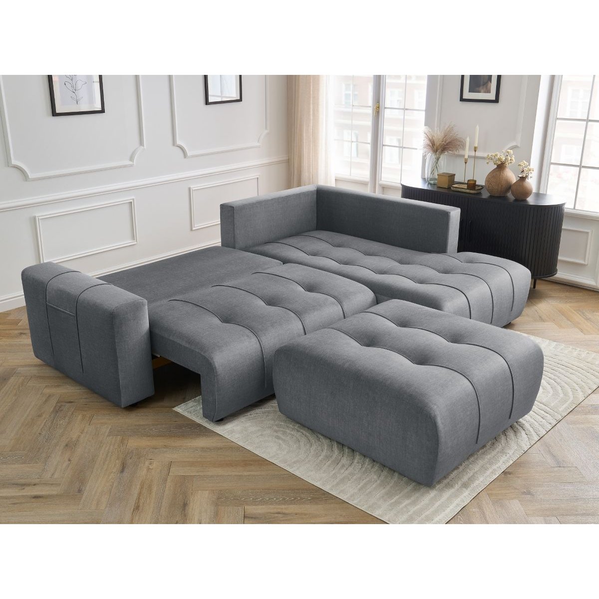 Canapé d'angle convertible 4 places en velours avec pouf, ARSENE gris foncé, BOBOCHIC