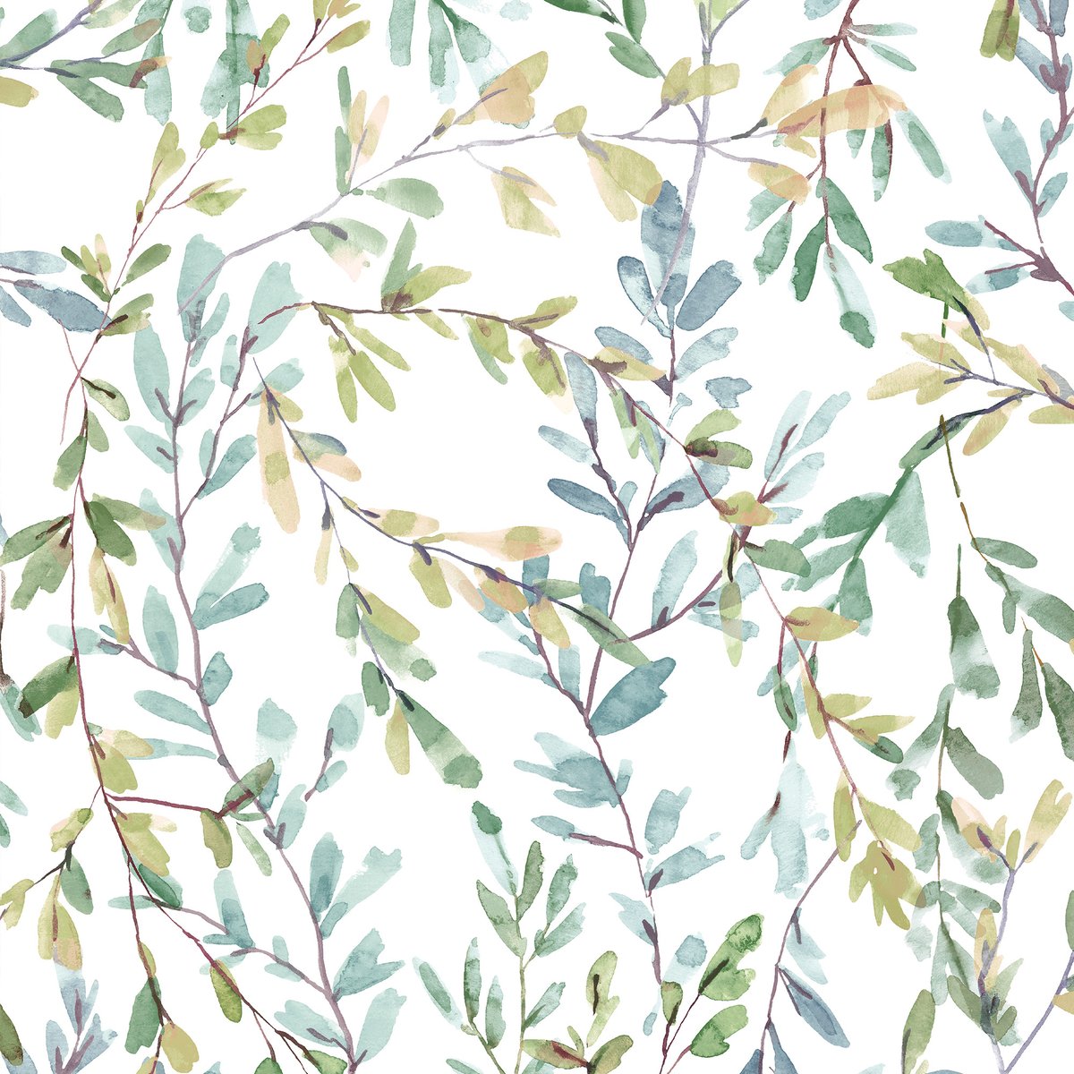 Papier peint Feuillage effet aquarelle Brayton vert, bleuté, ocre, LAURA ASHLEY