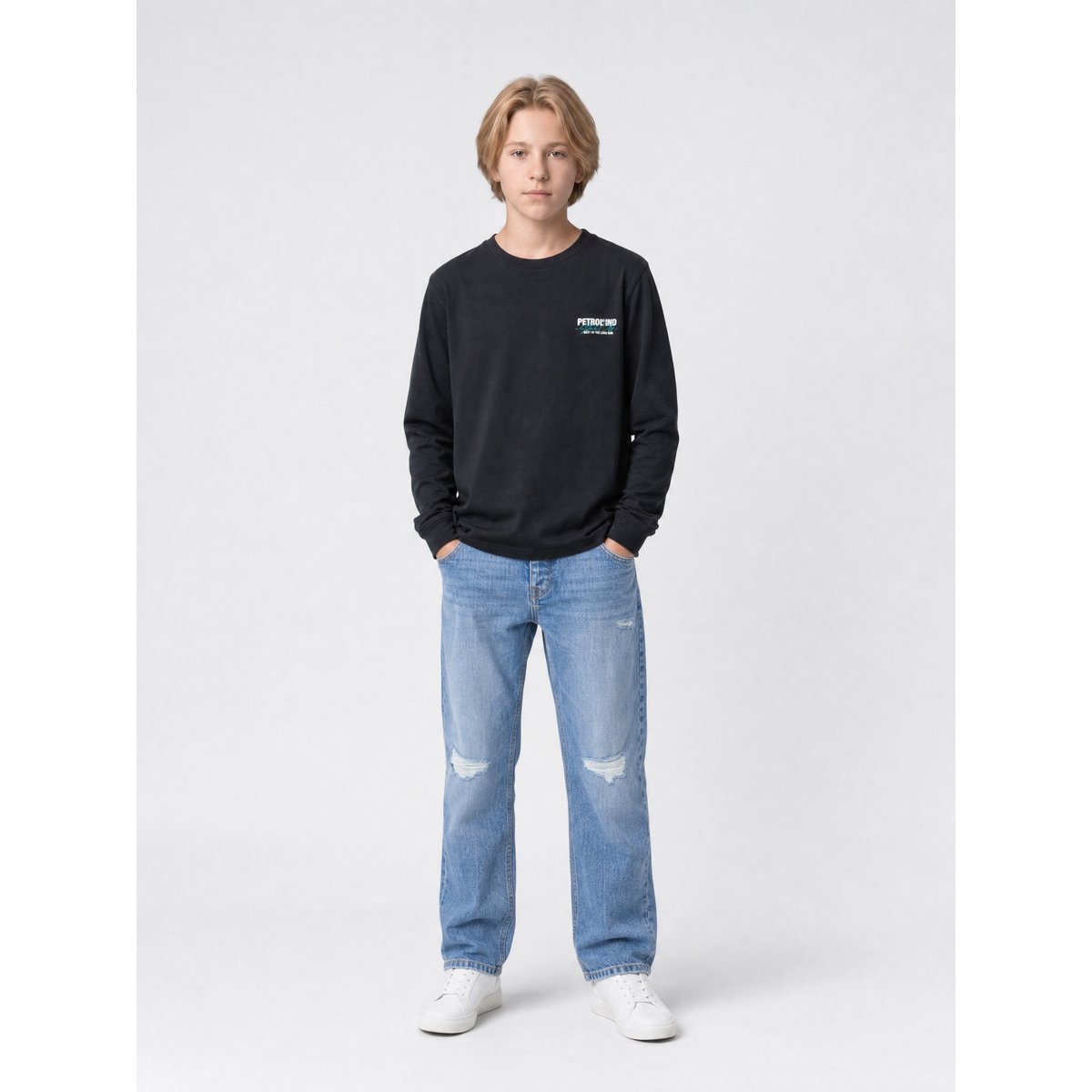 T-shirt manches longues en coton bleu steellake noir deep black, PETROL INDUSTRIES