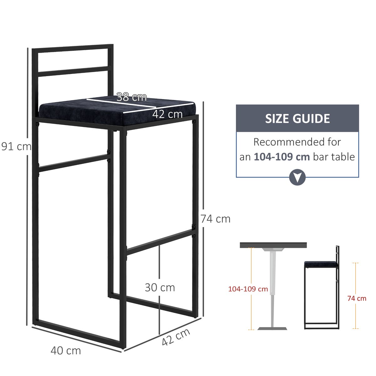 Tabouret de bar Acier Noir noir, HOMCOM