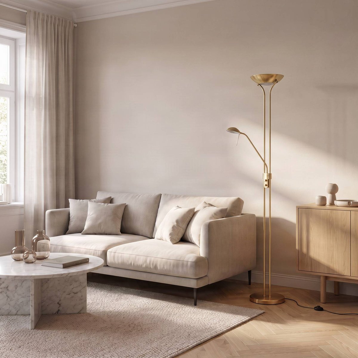 Lampadaire en métal moderneLED, Josefin laiton mat, blanc givré, LINDBY