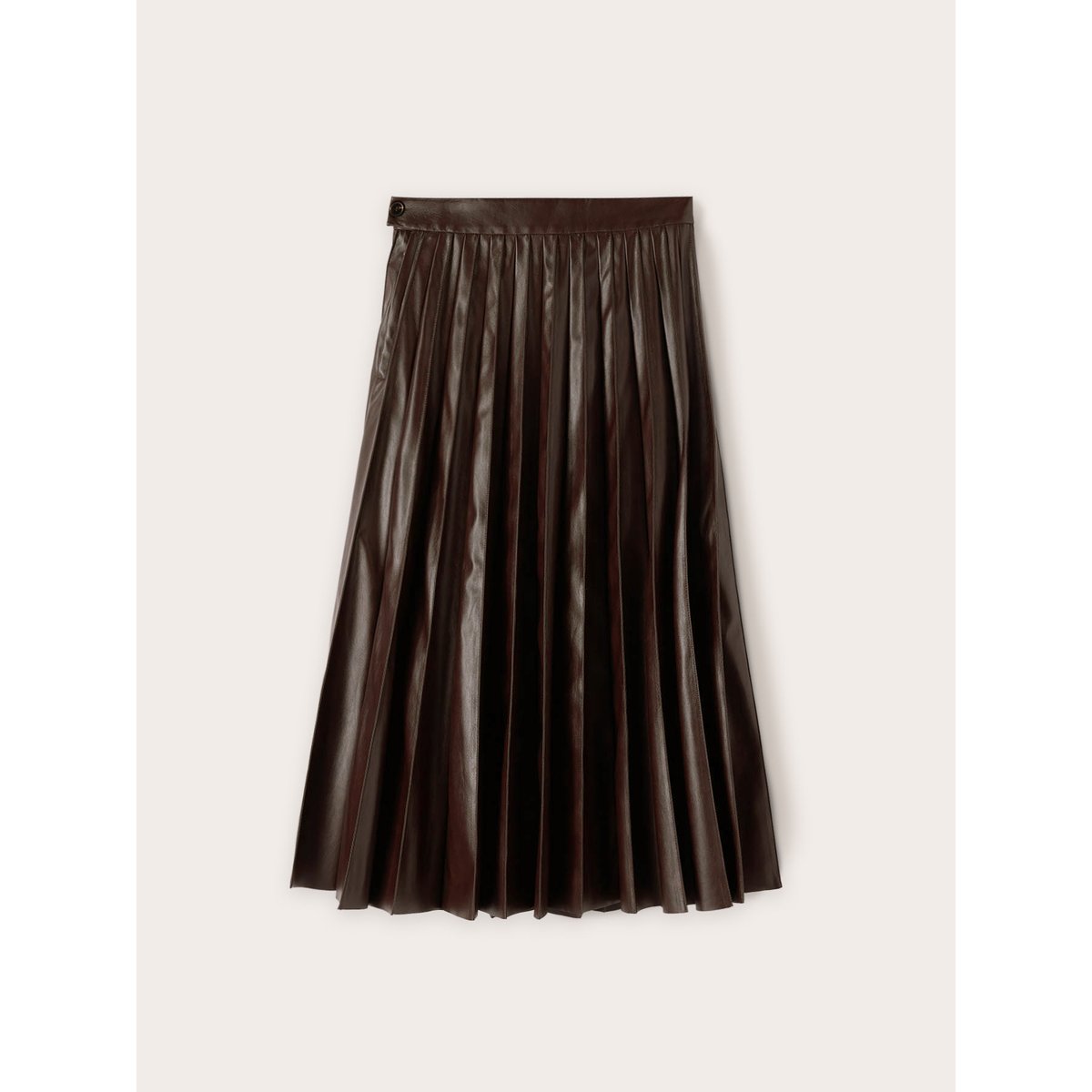 Jupe mi-longue plissée en tissu enduit marron, MOTIVI