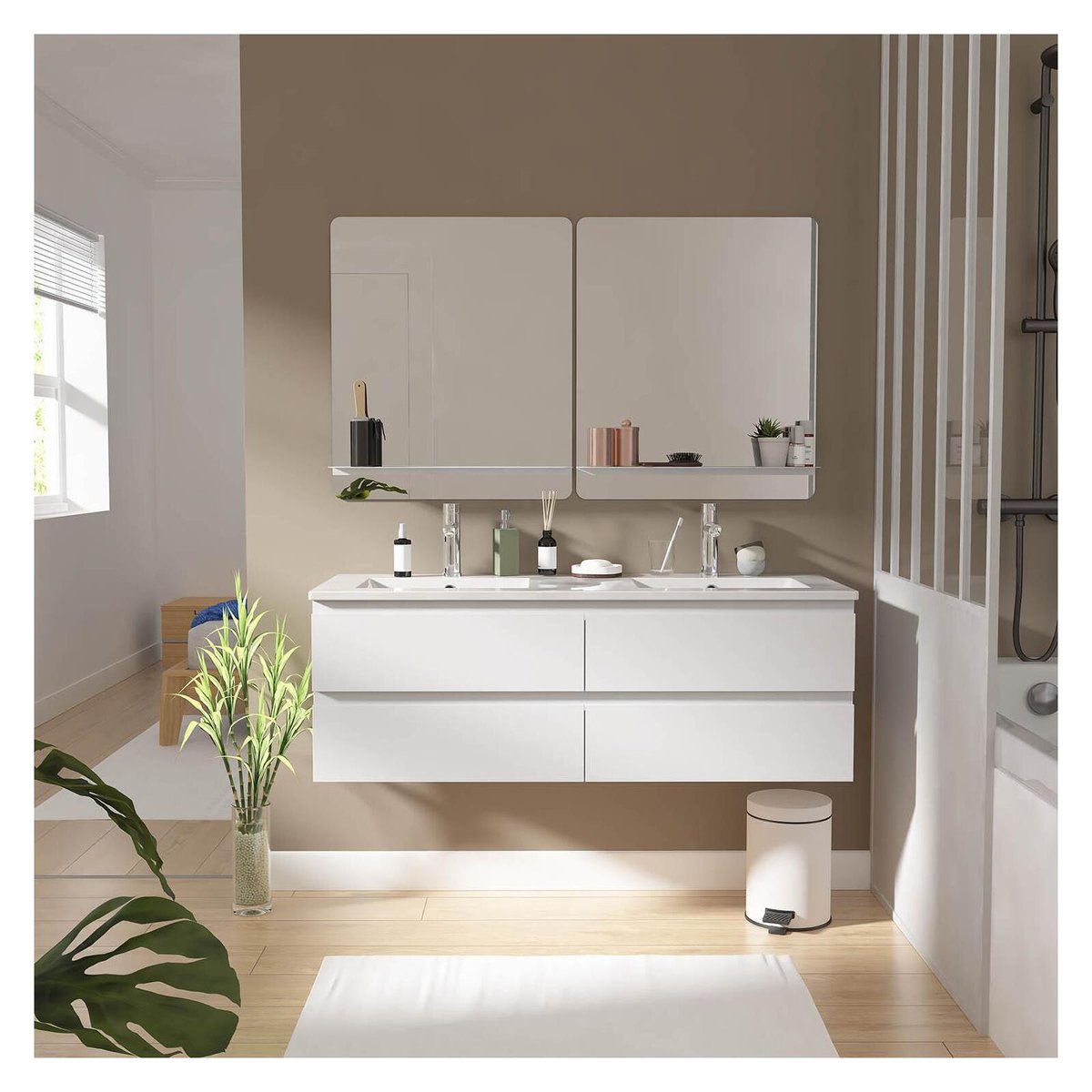 Ensemble double vasque 120cm avec vasque, robinets et miroirs SORRENTO blanc brillant, MOB IN