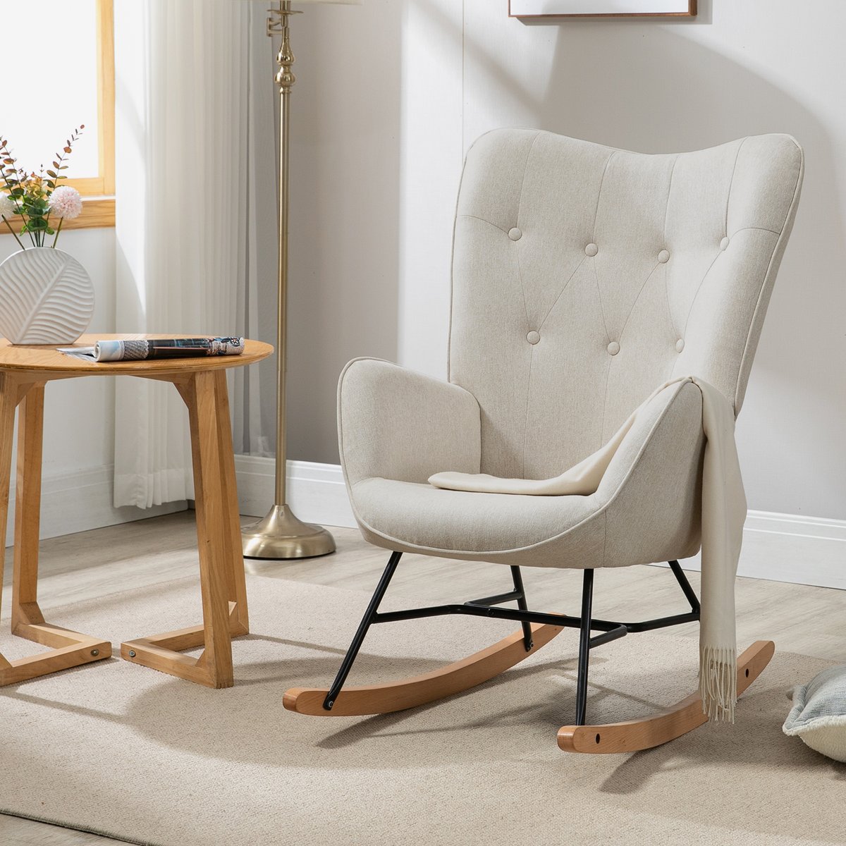 Fauteuil à bascule rocking chair scandinave, EPPING beige, MEUBLES COSY