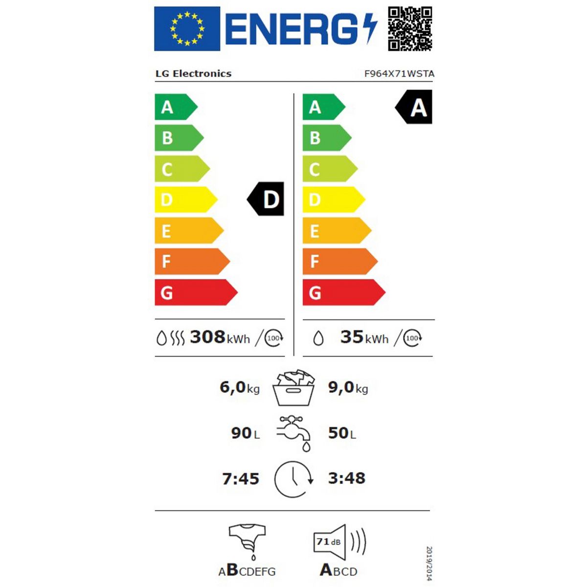 Lave linge séchant hublot F964X71WSTA - 9/6 kg - 1400 tr/min - Classe D - Moteur direct drive - Dosage automatique - Connecté couleur unique, LG