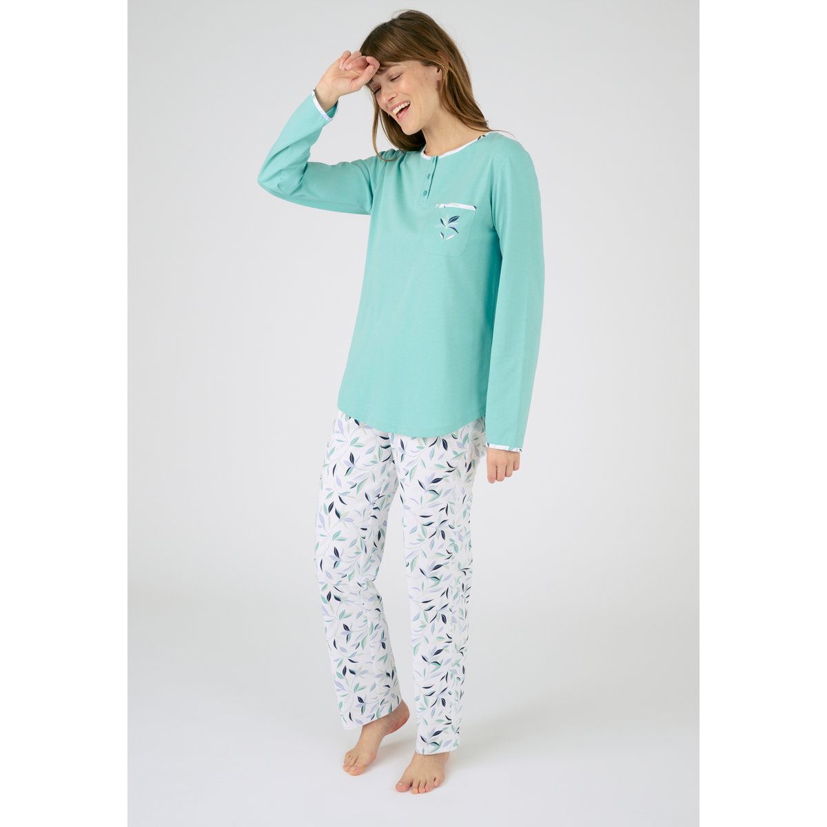Lot de 2 pyjamas maille jersey coton peigné lot bleu feuillage, DAMART
