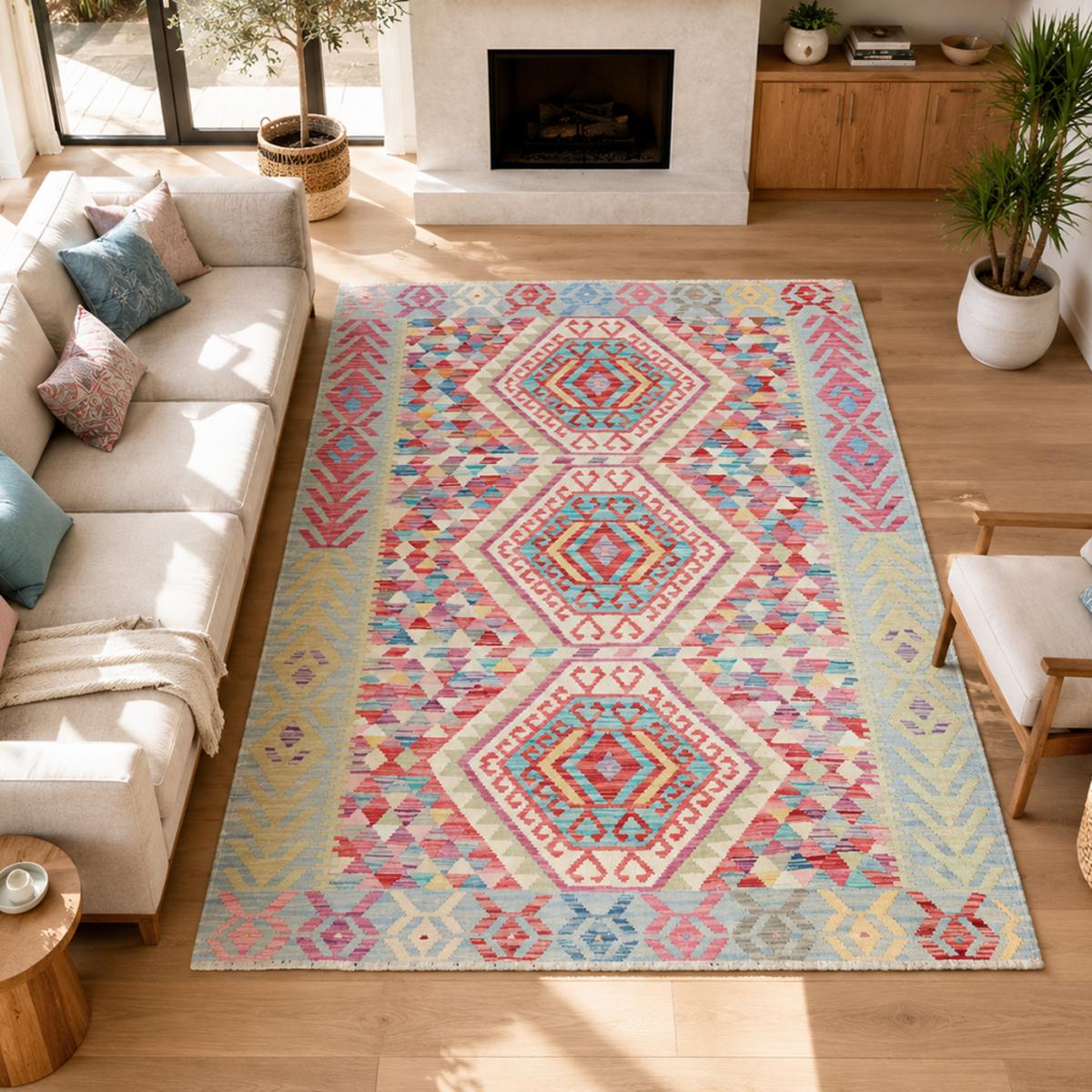 Tapis kilim au motif ethnique, tissé à plat en laine naturelle multicolore, bleu, rose, UN AMOUR DE TAPIS