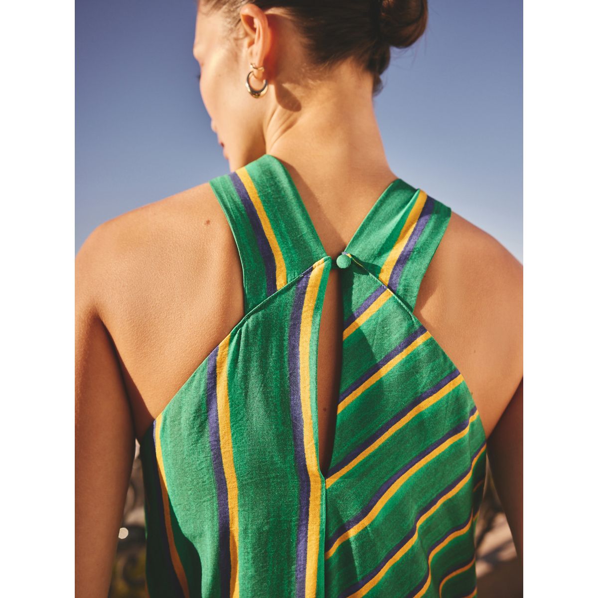 Robe mi-longue dos nu à encolure torsadée rayures vertes/jaunes, NEXT