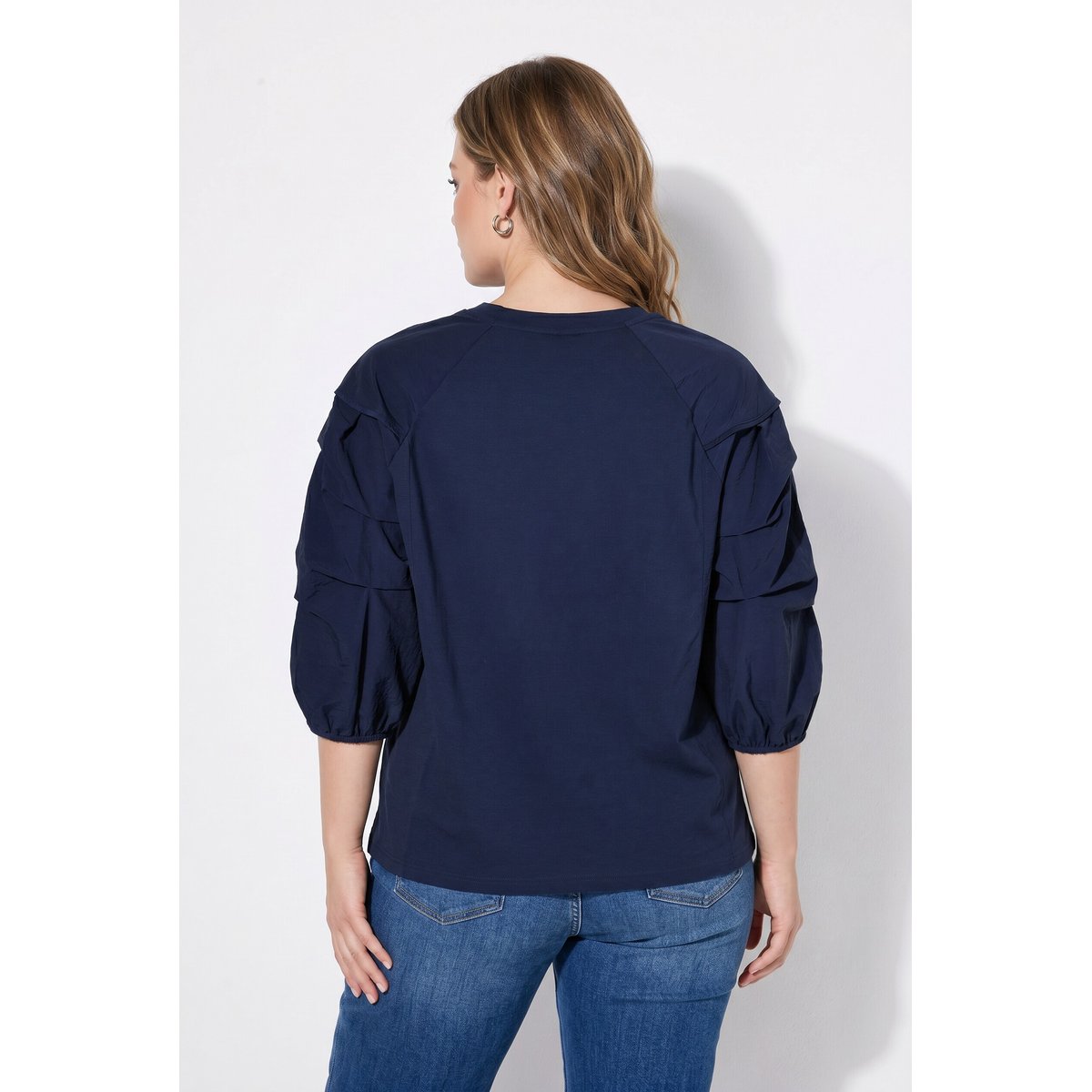 T-shirt en coton bio, plis fantaisie marine, ULLA POPKEN