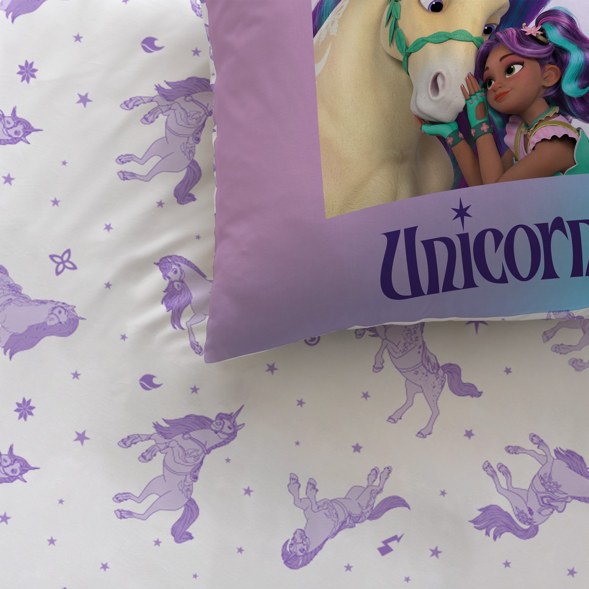 Parure de lit imprimée, UNICORN ACADEMY STARS violet, L'ECOLE DES LICORNES