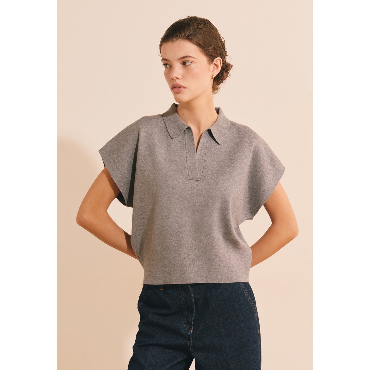 Pull manches courtes avec col polo FEI POLO MC gris clair, ETAM