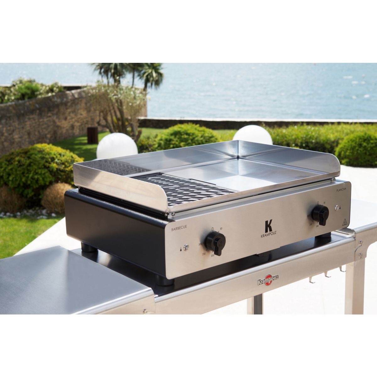 Plancha électrique GECIO2OA00 GECIO2OA00 inox zones barbecue/plancha 2 brûleurs à poser, 70x40 cm argent, KRAMPOUZ