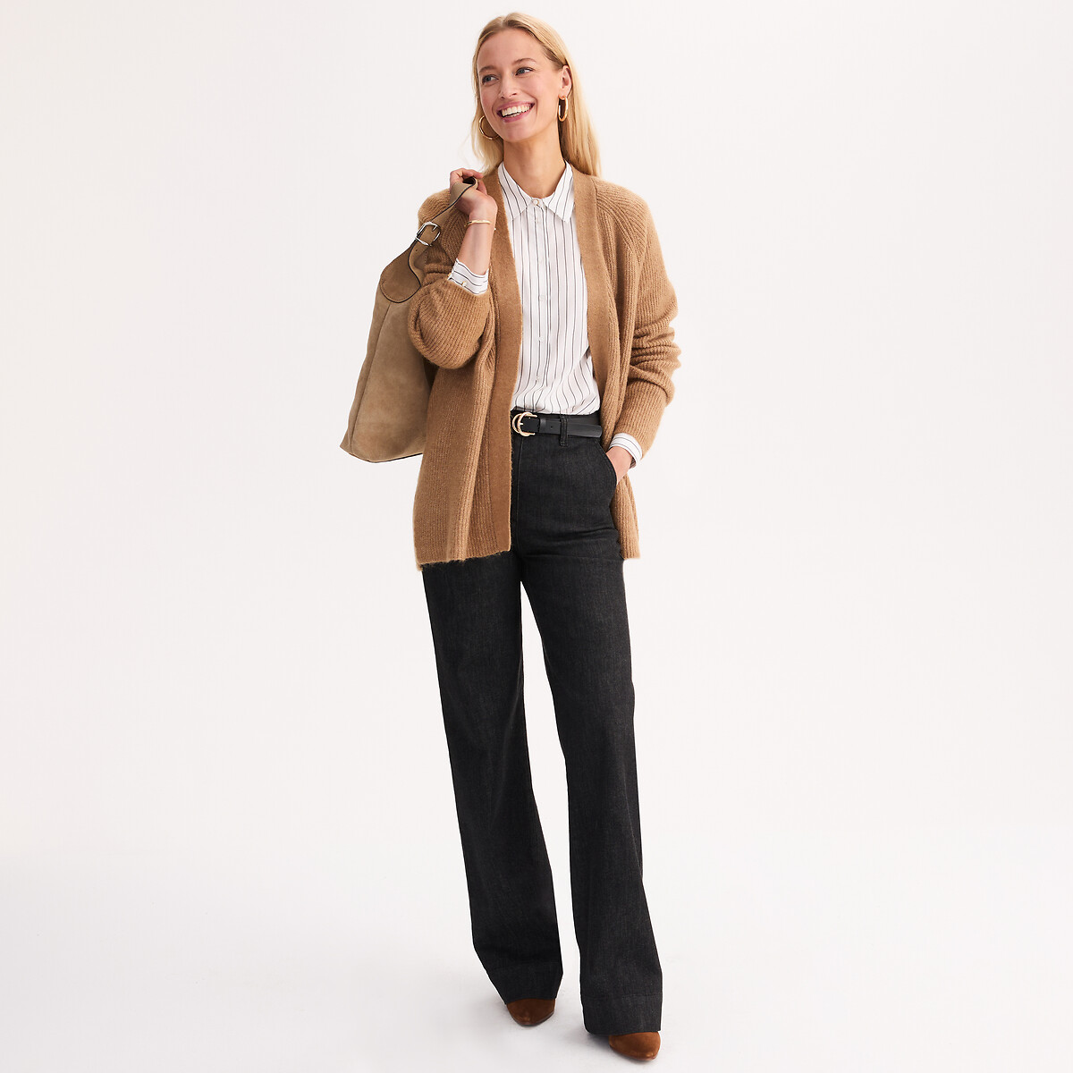 Cardigan em malha grossa camel, ANNE WEYBURN