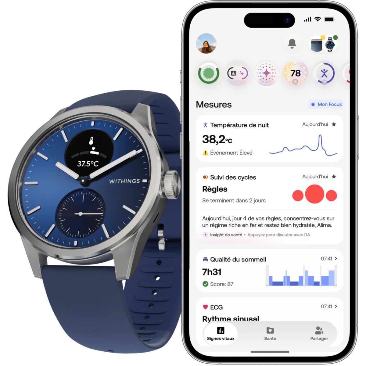 Montre santé Scanwatch 2 Blue Silver 42mm couleur unique, WITHINGS