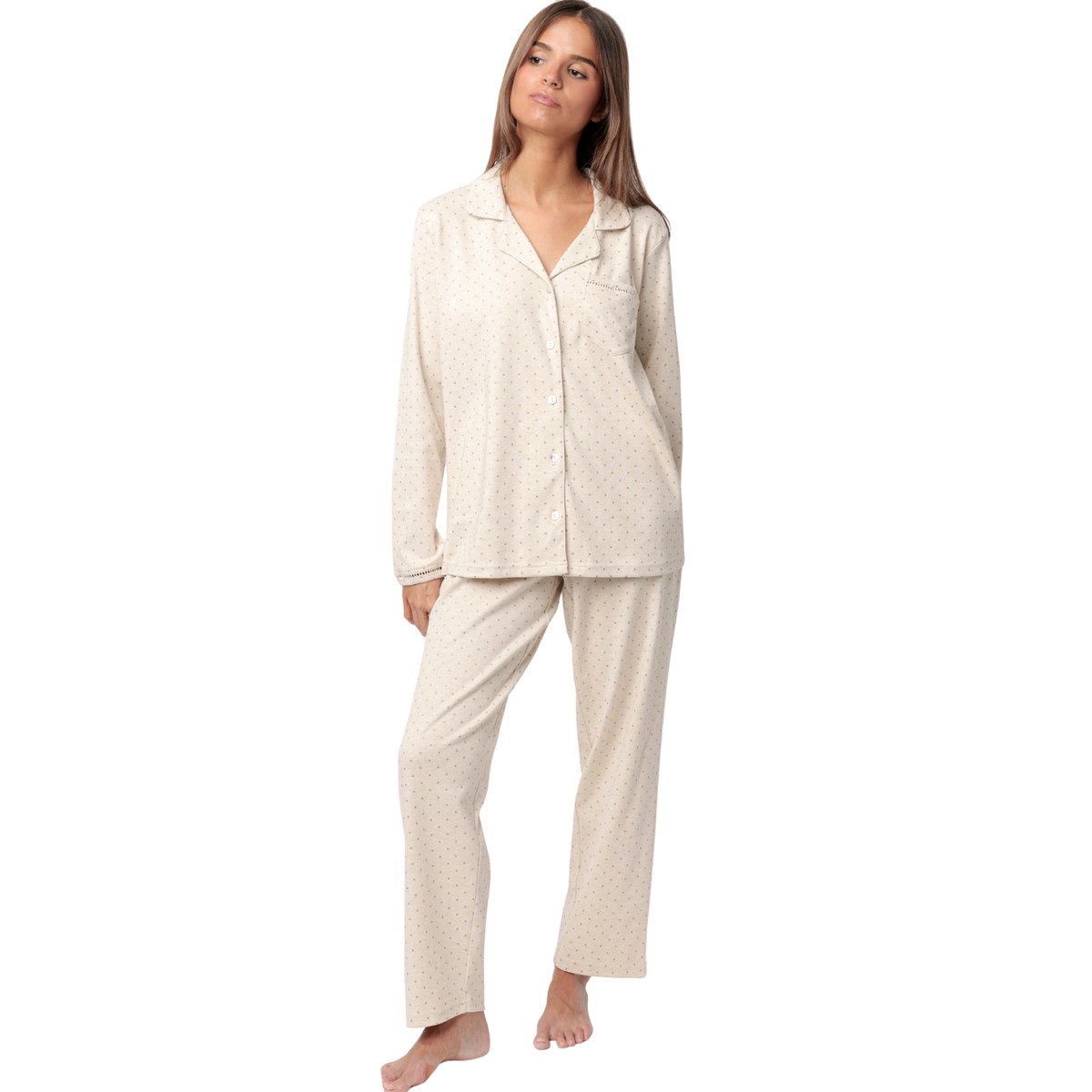 Pyjama pantalon top manches longues Organic Dots beige, ADMAS