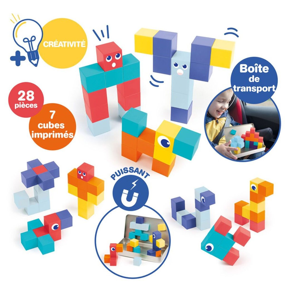 Jeu de construction Cubes magnétiques 28 pièces couleur unique, LUDIMOUSSE