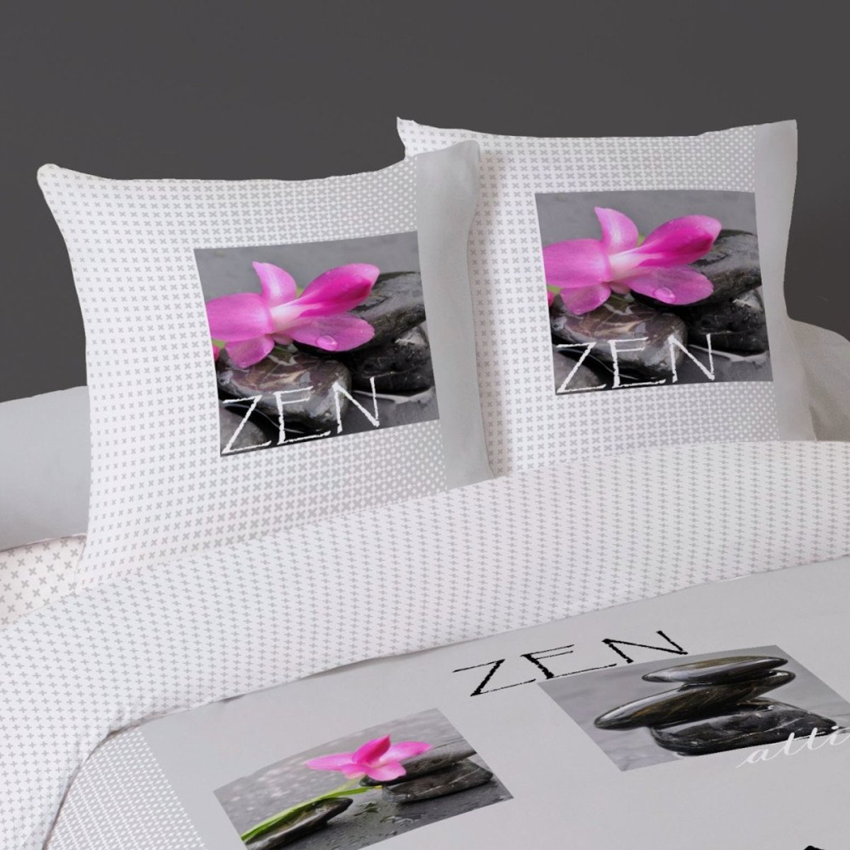 Parure de lit 4 pièces 100% coton GALET gris, DECORATIE