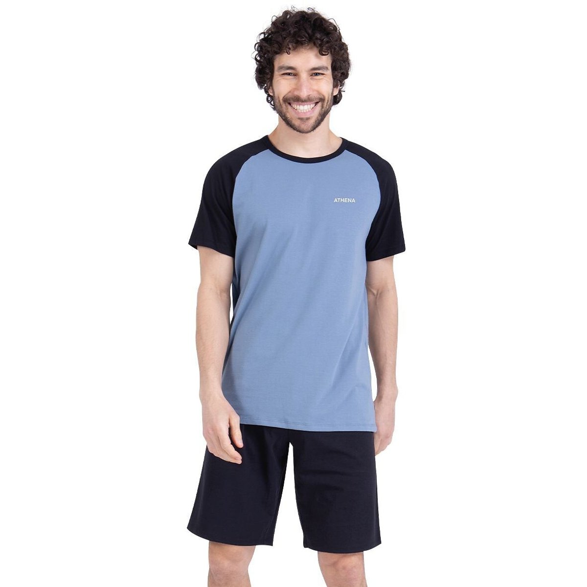 Pyjama short, manches raglan, Construction bleu/noir, ATHENA