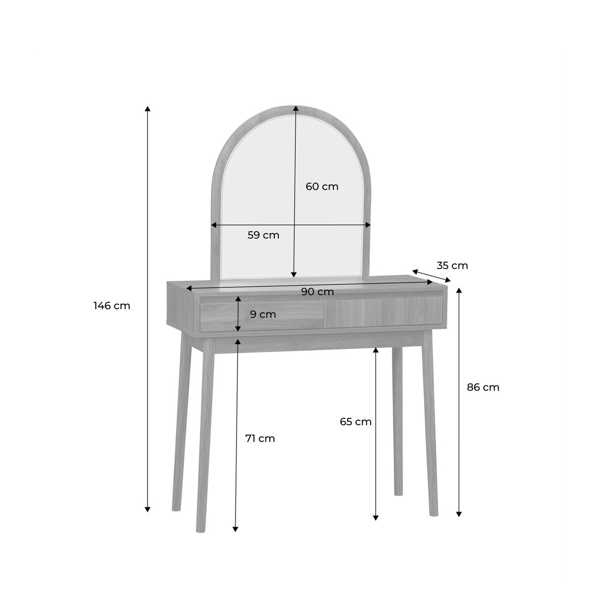 Coiffeuse décor bois miroir arrondi 2 tiroirs LINEAR noyer, SWEEEK