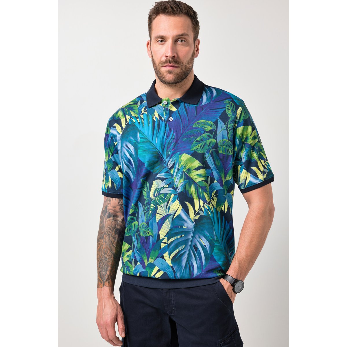 Polo en piqué motif feuilles bleu marine, JP1880