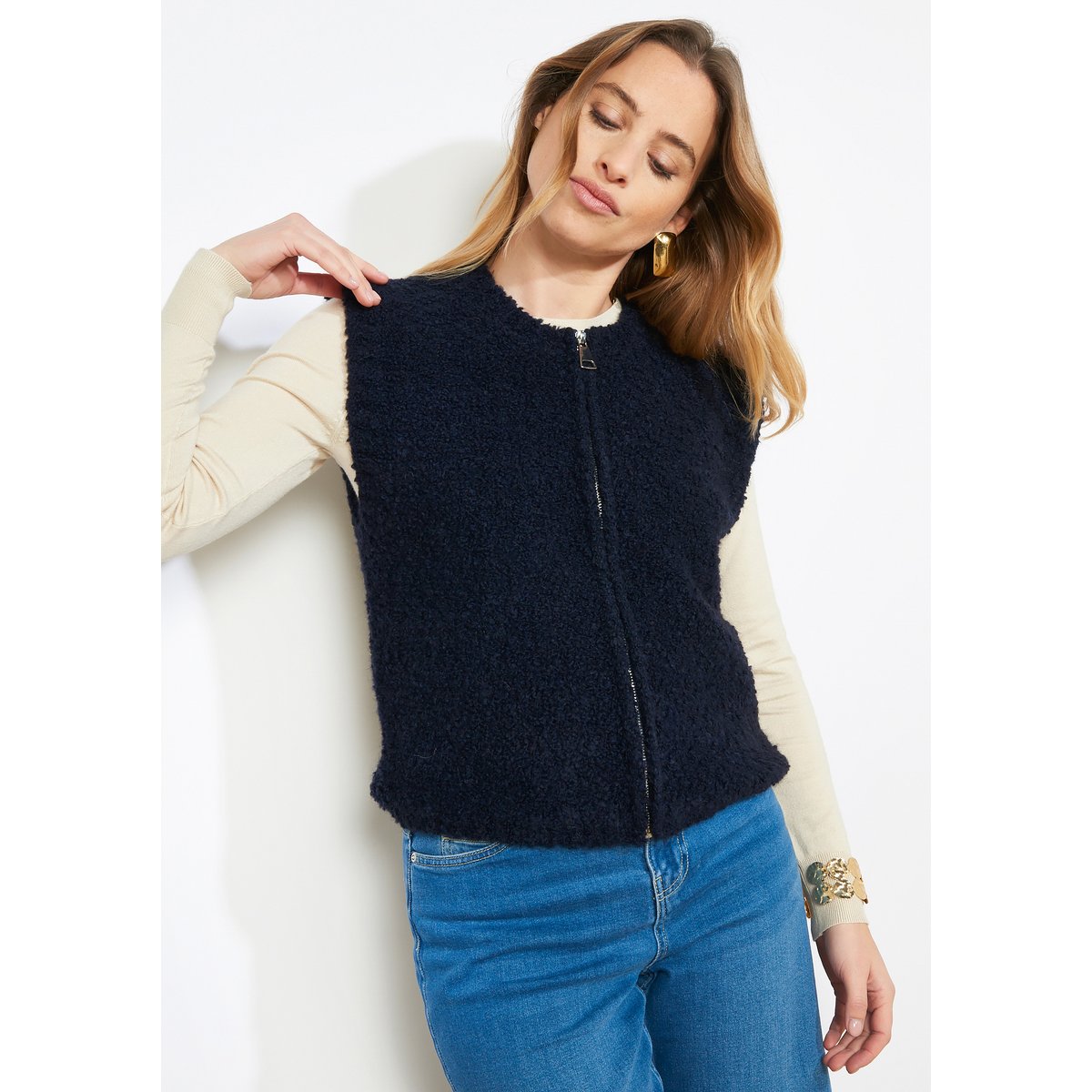Gilet zippé effet moutonné bleu marine, LOLALIZA