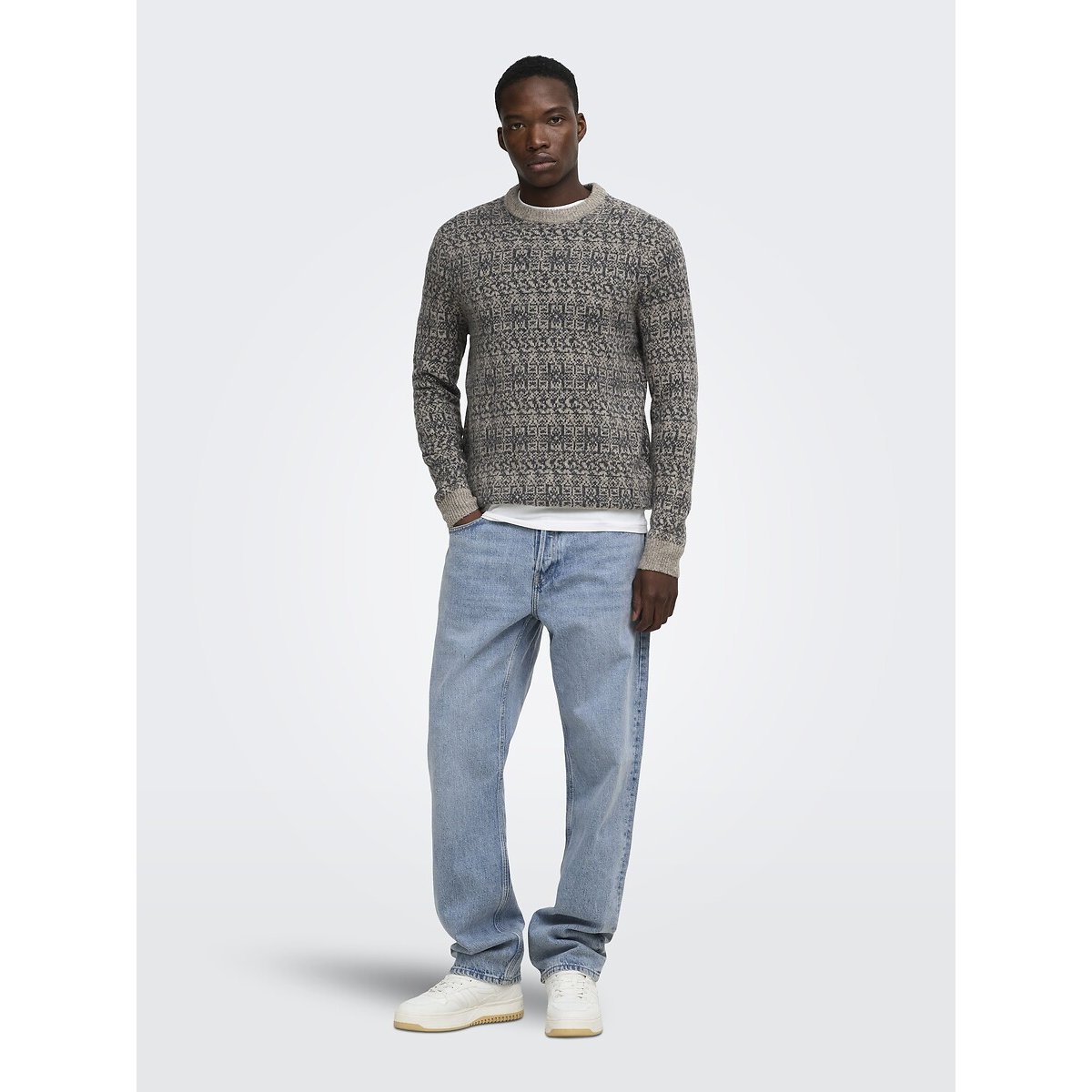 Pull col rond, en 61% laine, Nordic beige, ONLY & SONS
