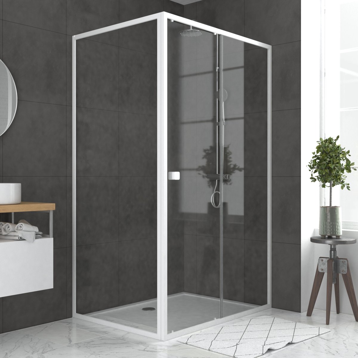 Porte de douche coulissante en verre trempé avec paroi de retour blanc, HOME MAISON