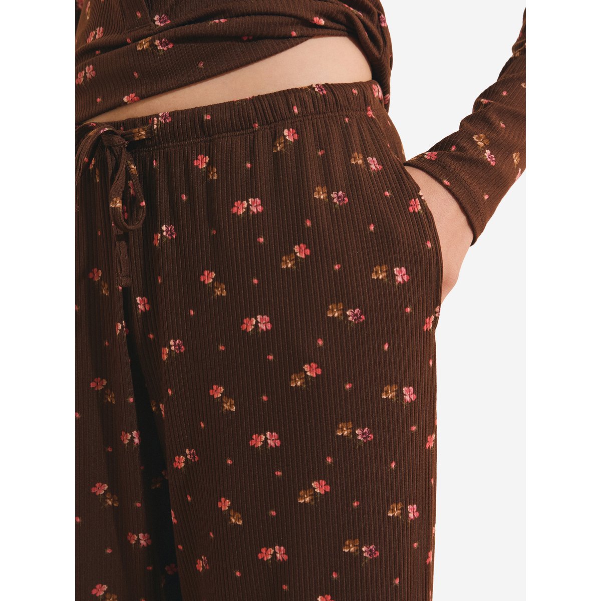 Pantalon de pyjama côtelé à imprimé feuillage HELIA marron, ETAM