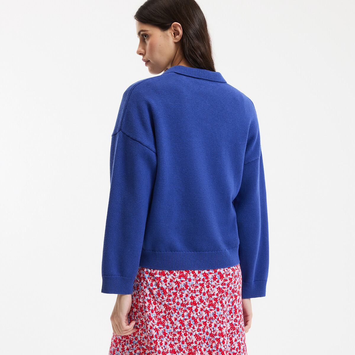 Pull col polo, en laine et coton mélangés bleu électrique, LA REDOUTE COLLECTIONS