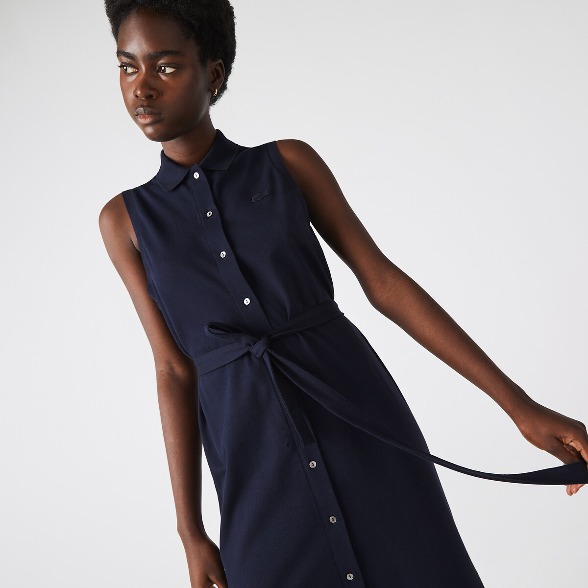 Vestido polo sin mangas de punto piqué de algodón azul marino, LACOSTE