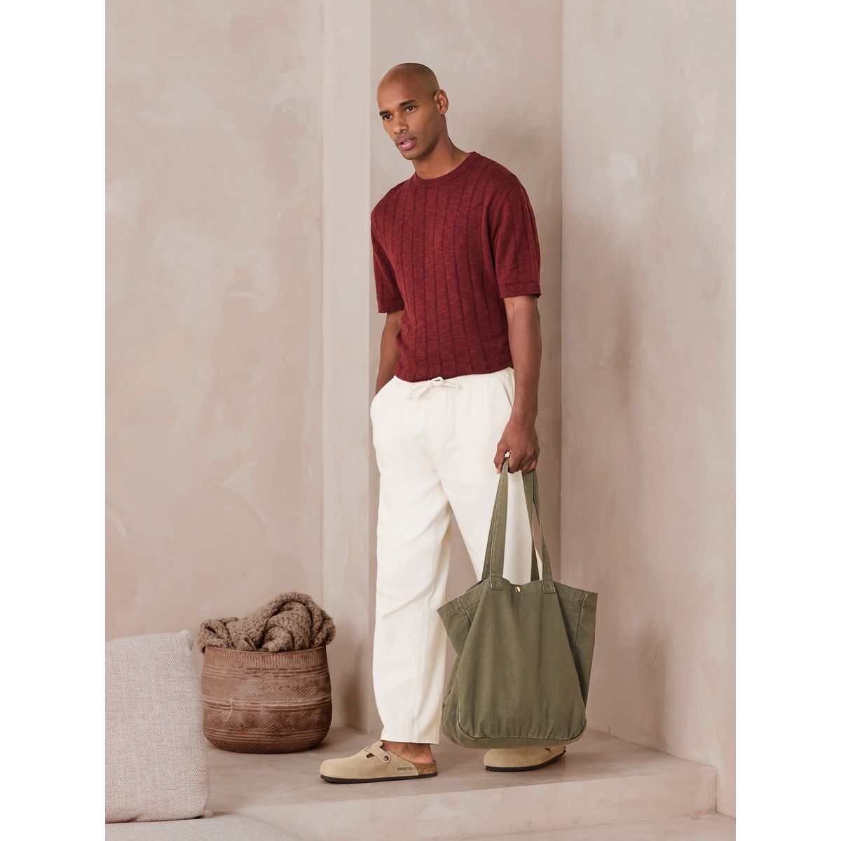 Pull ras du cou standard en lin majoritaire rouge, NEXT