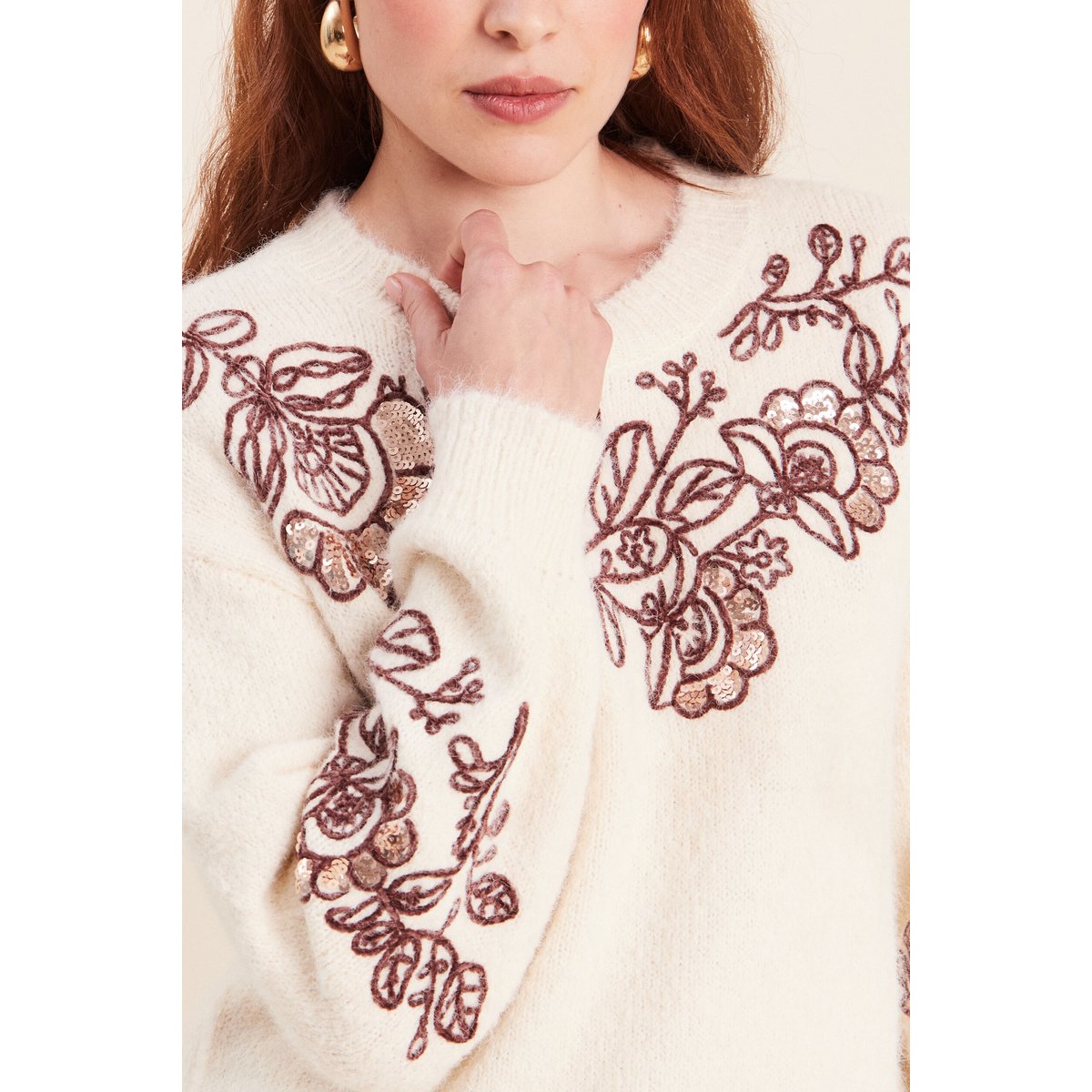 Pull col rond brodé à sequins ecru, BREAL