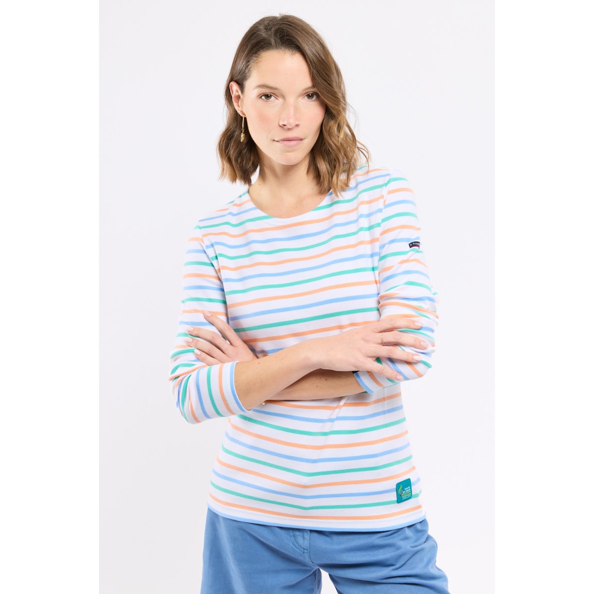 Marinière tricolore en coton épais blanc/ placid blue/ pool b, ARMOR-LUX