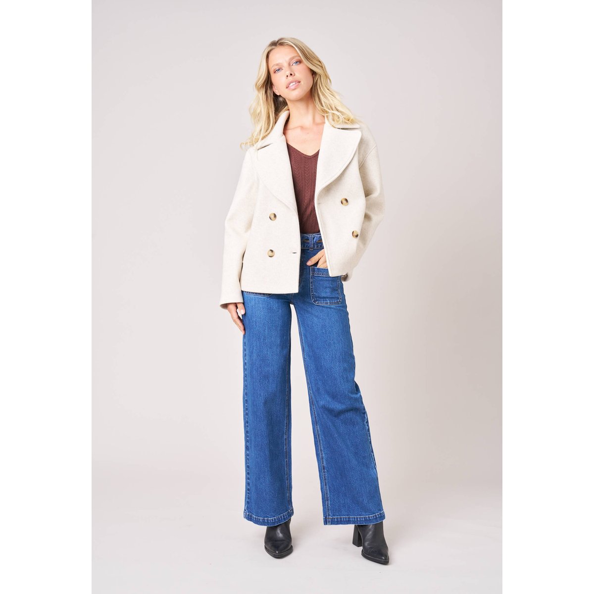 Manteau court femme col tailleur LEONORA cream, DEELUXE