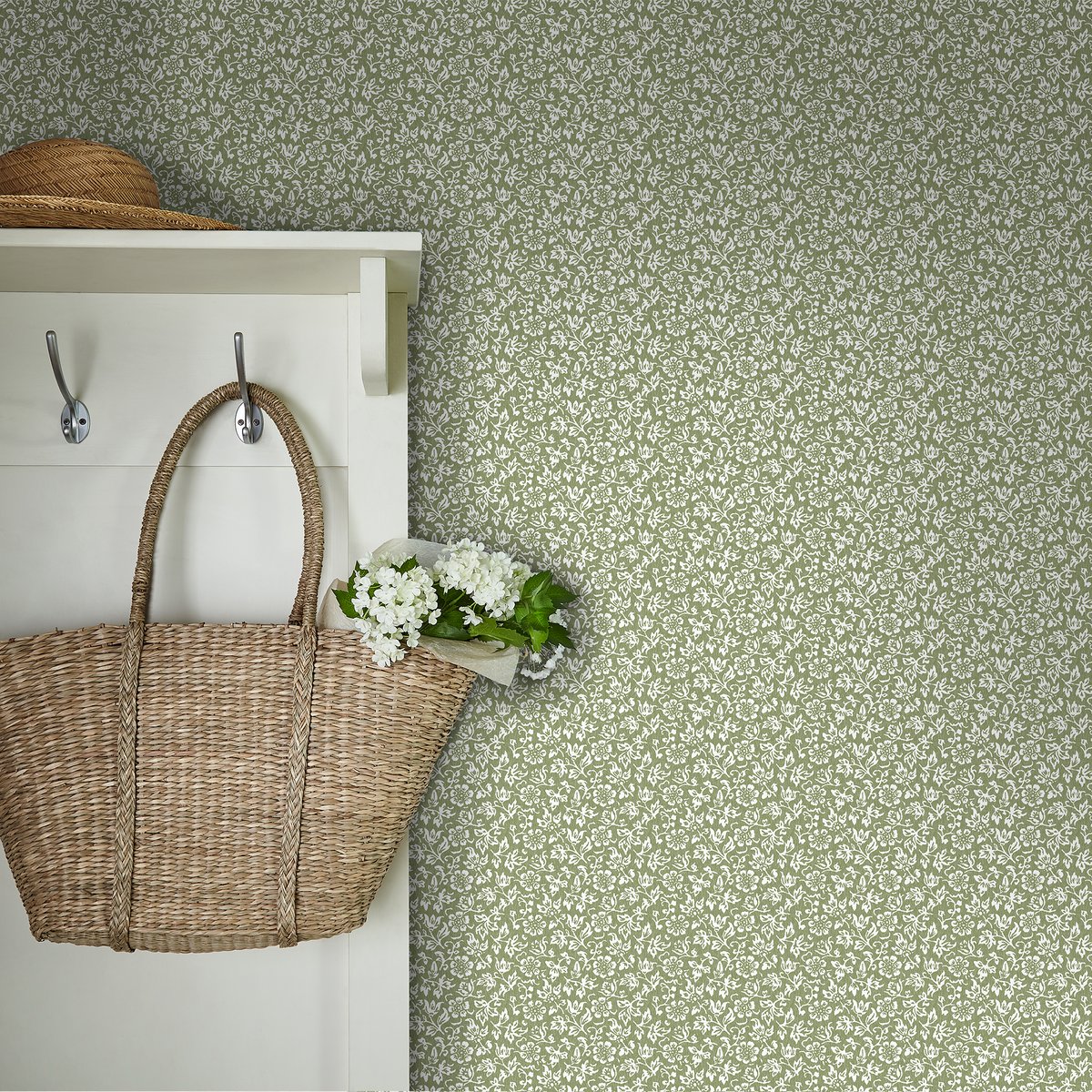 Papier peint Petites fleurs Sweet Alyssum vert, LAURA ASHLEY