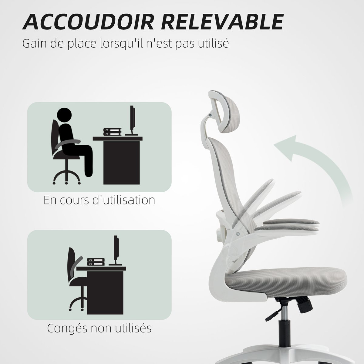 Chaise de bureau Maille (100 % polyester) gris, blanc, HOMCOM