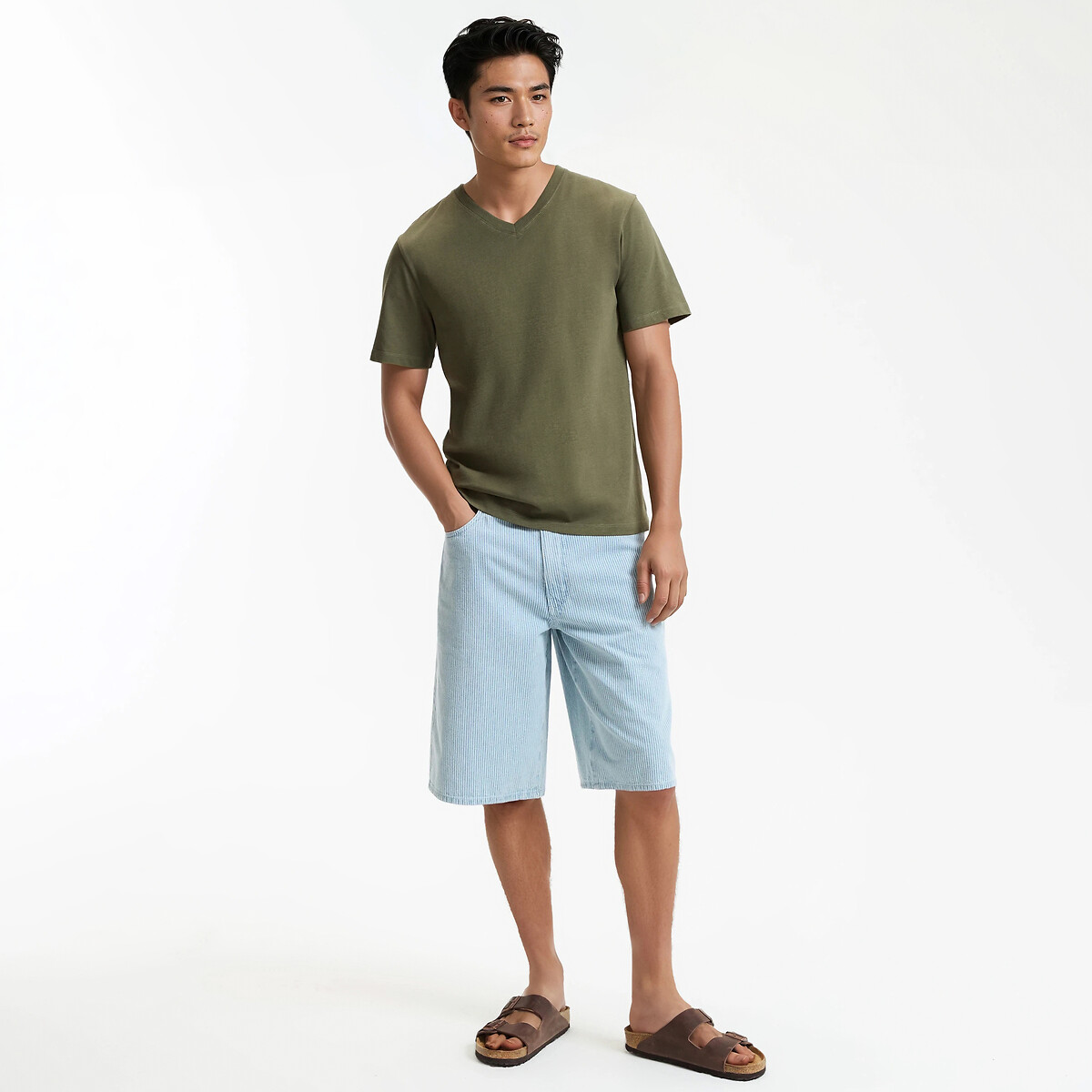 Cotton Short Sleeve V-Neck T-Shirt dark khaki green, LA REDOUTE COLLECTIONS
