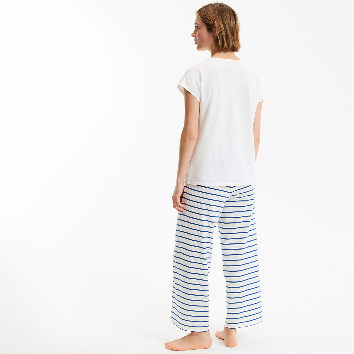 Pyjama en jersey pur coton rayé bleu clair, ANNE WEYBURN