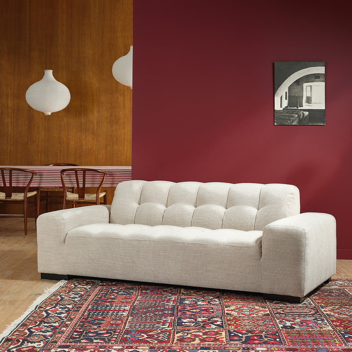 Canapé droit 3 places en tissu texturé   ALPHONSE beige chiné, BERAH GETAH