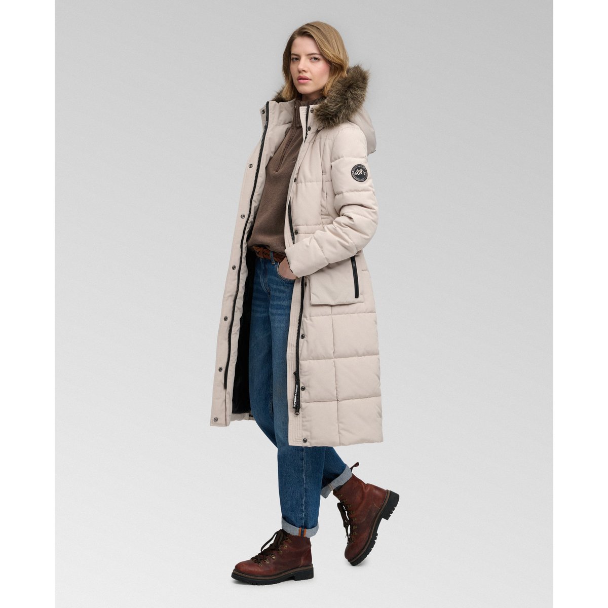Manteau Everest Longline Puffer coupe ajustée gris château, SUPERDRY