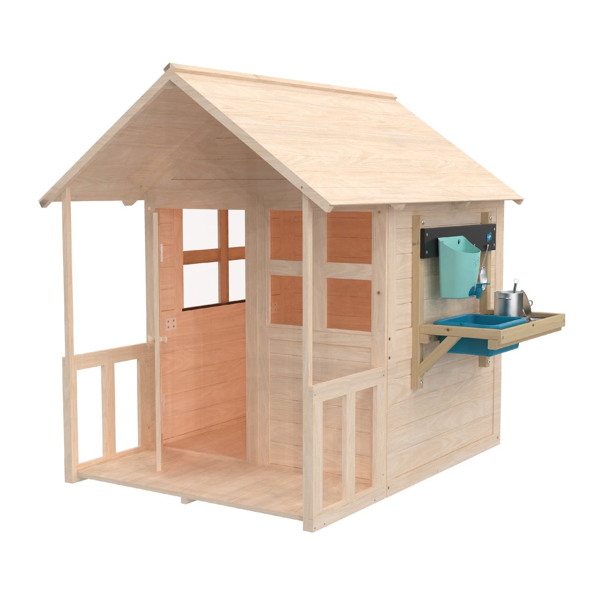 Maisonnette avec plancher, véranda et cuisine BOUTON D'OR COTTAGE marron - bleu, TP TOYS