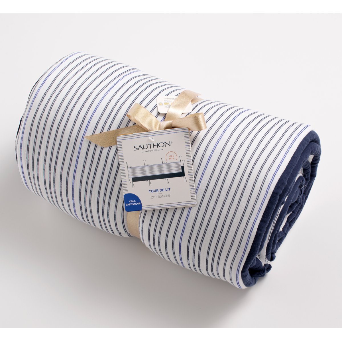 Tour de lit marinière en double gaze de coton blanc/bleu, SAUTHON
