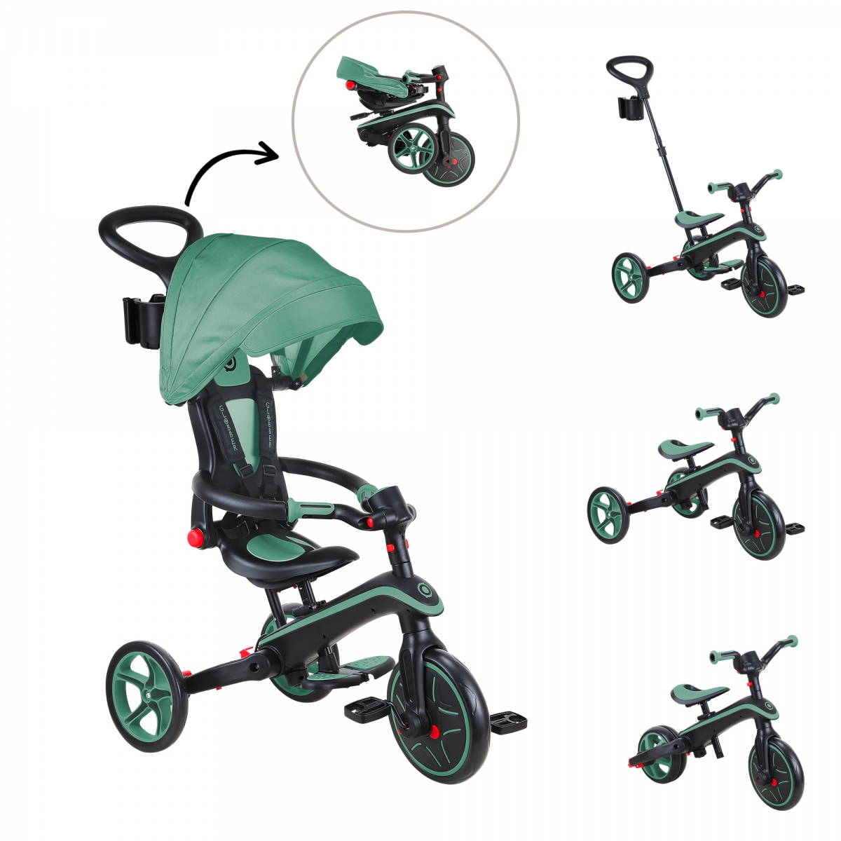 Tricycle EXPLORER 4-en-1 Évolutif et Pliable vert olive, GLOBBER