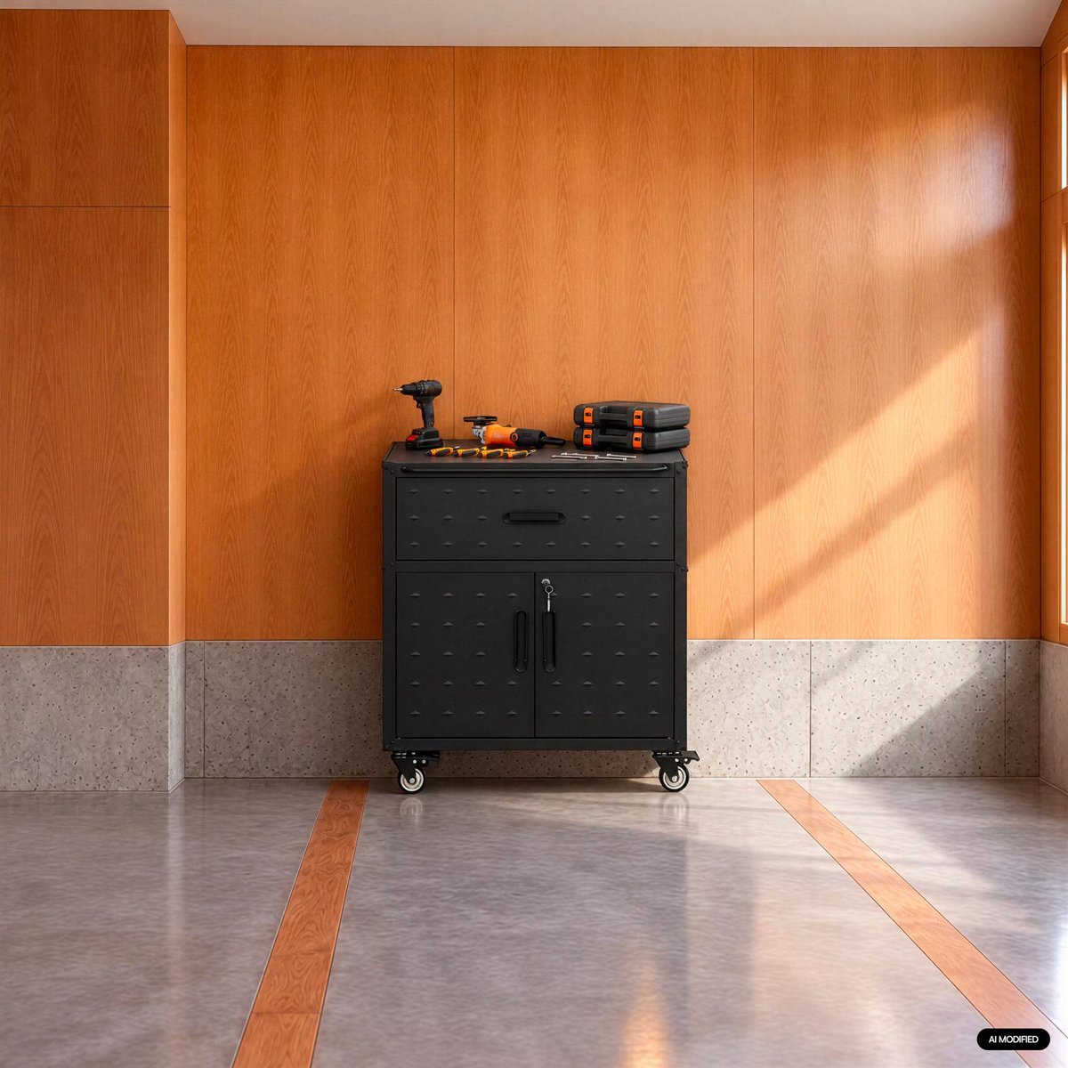 Meuble bas de rangement pour garage avec 1 tiroir et 2 portes  BOBBY noir, SWEEEK