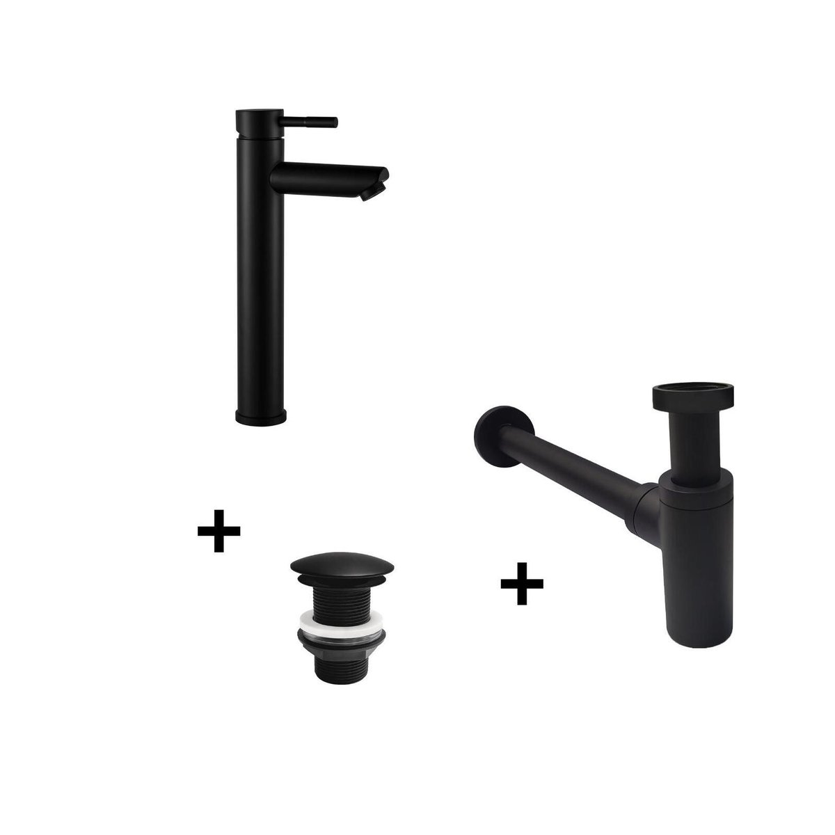 Robinet bec haut GRIFO + bonde LIV + siphon SIMON noir, MOB IN