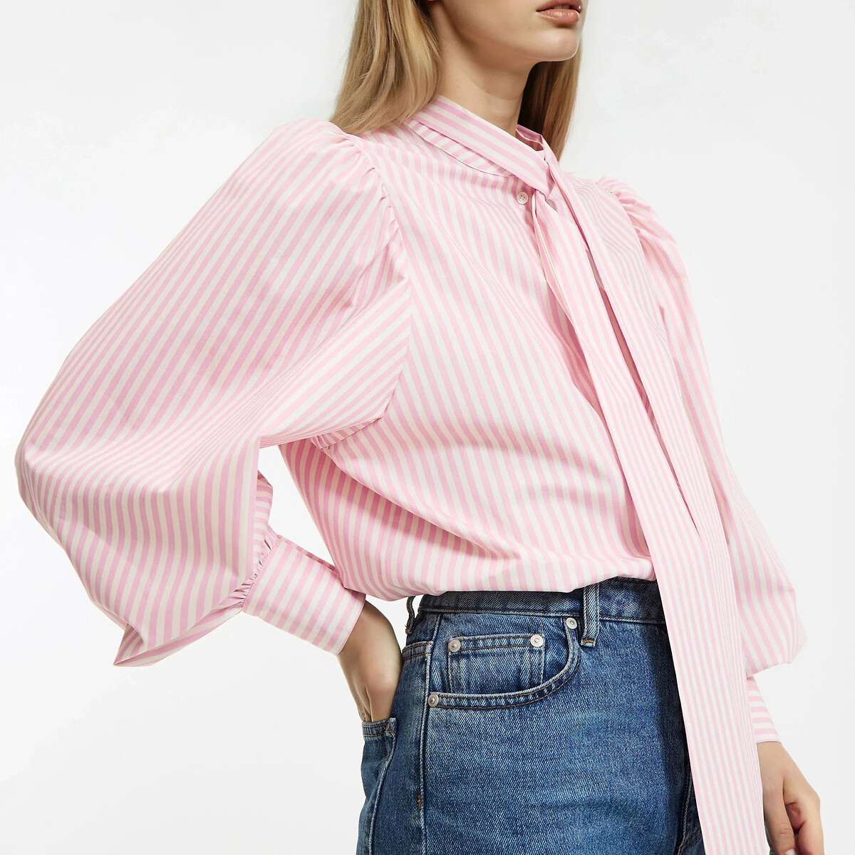 Striped pussy bow blouse with long sleeves pink/white striped, LA REDOUTE COLLECTIONS
